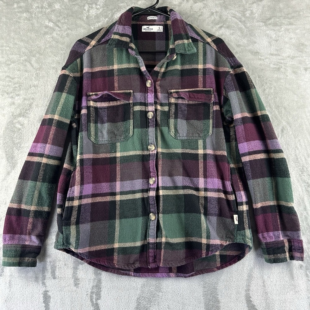 Hollister Flannel Shacket Women's S Purple Green Plaid Pockets Boyfriend Fit